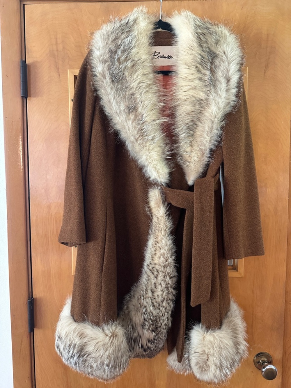 Vintage Brown Fur-Trimmed Wrap Coat
